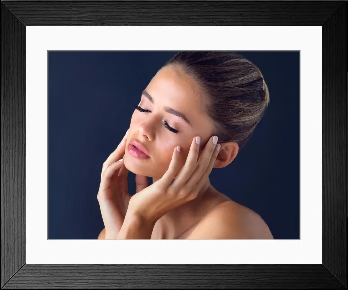 Framed Print : Relax, makeup and girl with skincare for beauty on black background with foundation Framed Print : Relax, makeup and girl with skincare for beauty on black background with foundation