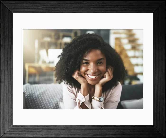 Framed Print : Happy, portrait and black woman with sofa in relax at home for holiday Framed Print : Happy, portrait and black woman with sofa in relax at home for holiday