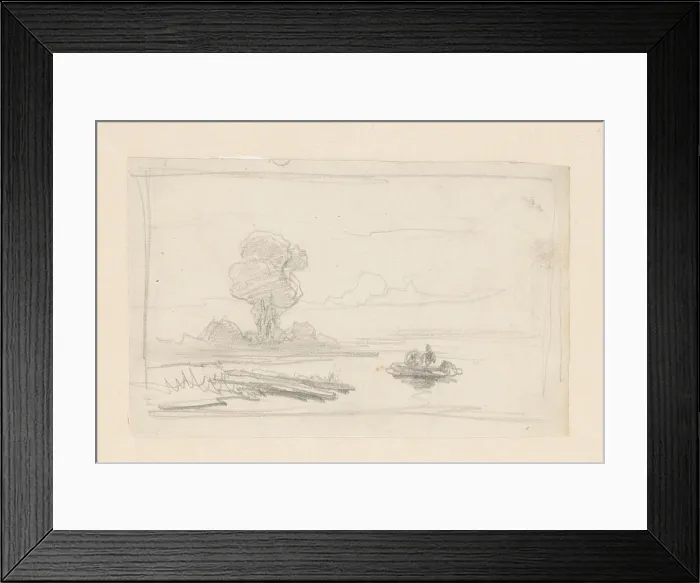 Framed Print : Sketch of a boat on the water, in the background a tall tree Framed Print : Sketch of a boat on the water, in the background a tall tree