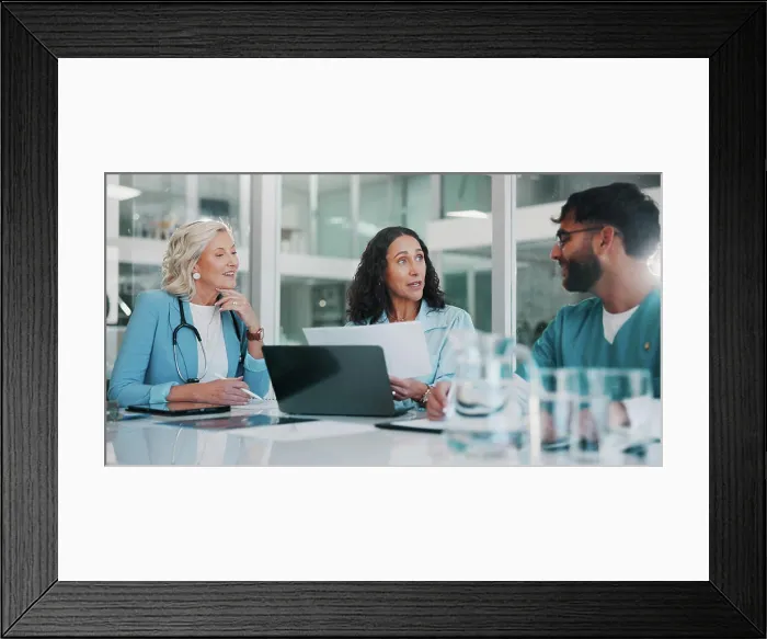 Framed Print : Doctor, conversation and people in meeting Framed Print : Doctor, conversation and people in meeting