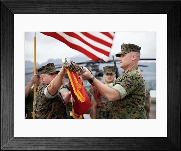 Framed Print : U.S. Marine Heavy Helicopter Squadron 463 leadership case the colors during the deactivation ceremony for HMH-463