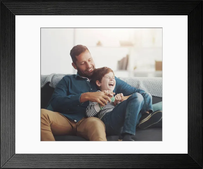 Framed Print : Tickle, laughing and dad with child on sofa for bonding