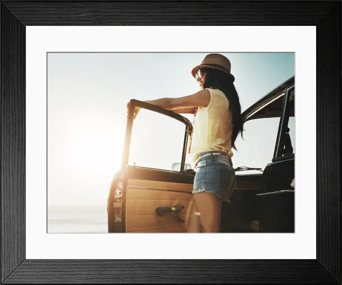 Framed Print : Road trip, happy and woman in car by ocean on holiday