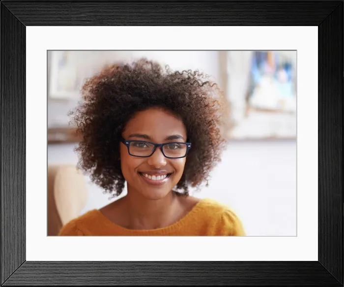 Framed Print : Portrait, smile and relax woman in home lounge