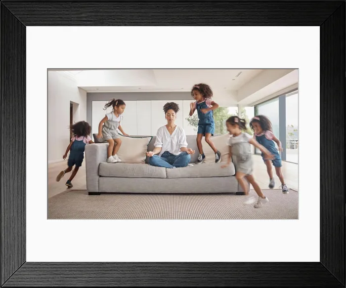 Framed Print : Meditation, yoga mom and children running