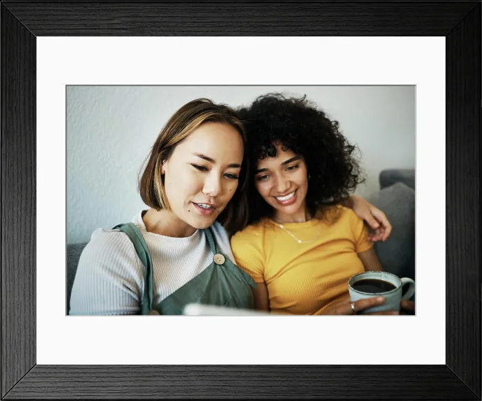 Framed Print : Couple sofa and women relax with coffee and technology for social media Framed Print : Couple sofa and women relax with coffee and technology for social media