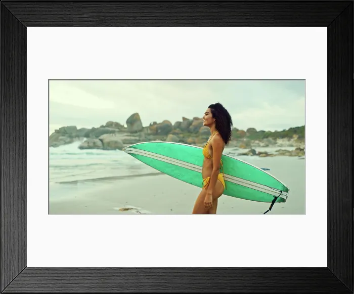 Framed Print : Woman, surfboard and happy at beach with view for water sports Framed Print : Woman, surfboard and happy at beach with view for water sports