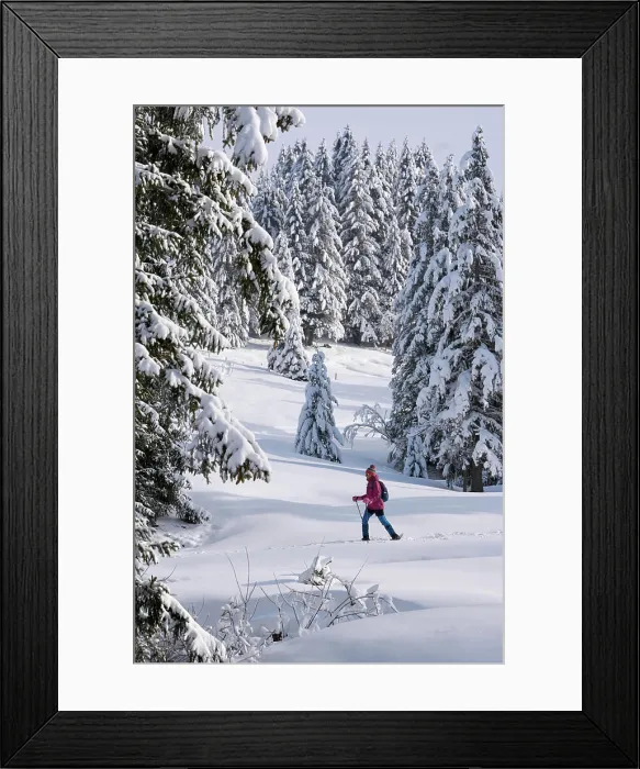 Framed Print : Frau beim Schneeschuh wandern im Bregenzer Wald