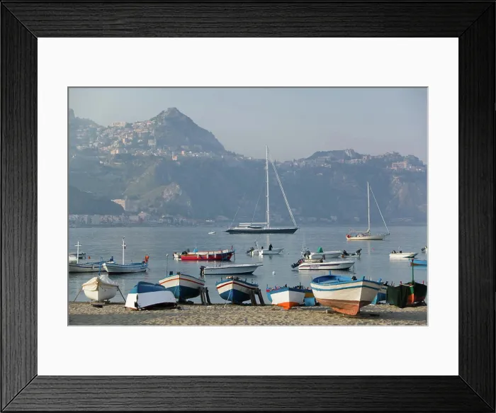 Framed Print : ITALY, Sicily, GIARDINI, NAXOS: Port view towards TAORMINA / Late Afternoon Framed Print : ITALY, Sicily, GIARDINI, NAXOS: Port view towards TAORMINA / Late Afternoon