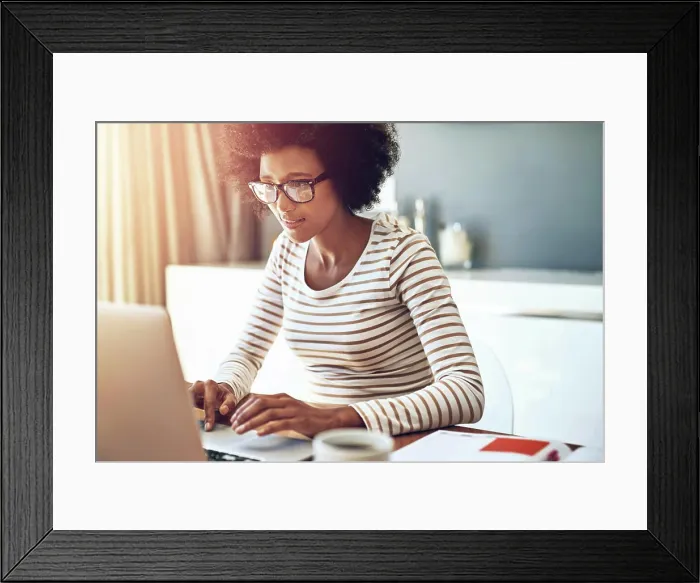 Framed Print : Laptop, typing and woman in office for research on demographic survey for blog project Framed Print : Laptop, typing and woman in office for research on demographic survey for blog project