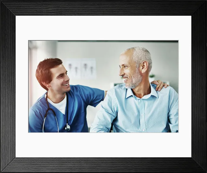 Framed Print : Doctor, man and smile in hospital for support Framed Print : Doctor, man and smile in hospital for support