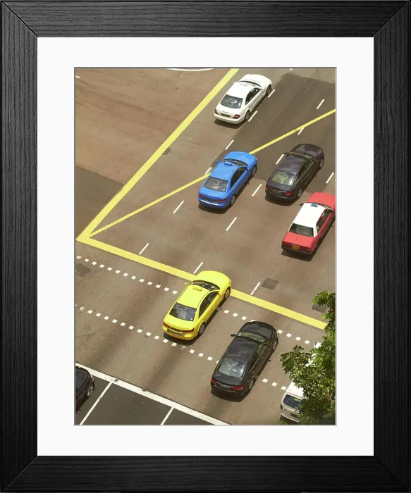 Framed Print : High angle of street, cars and parking lot for road infrastructure Framed Print : High angle of street, cars and parking lot for road infrastructure