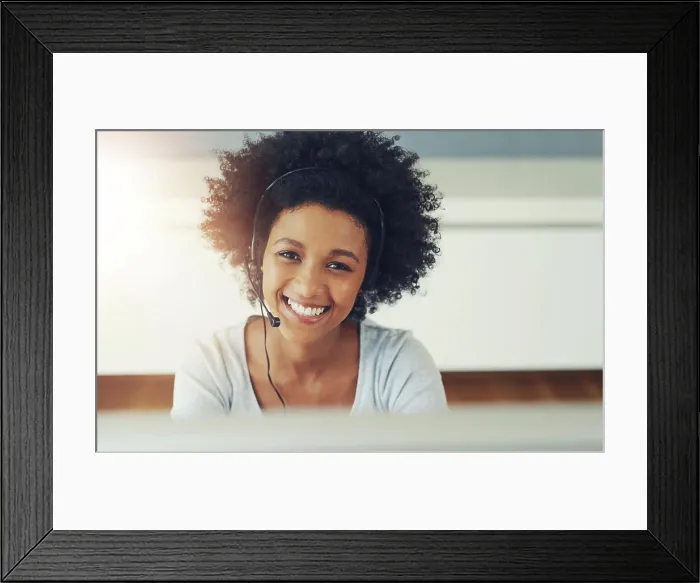 Framed Print : Black woman, portrait and callcenter smile in office for support business Framed Print : Black woman, portrait and callcenter smile in office for support business