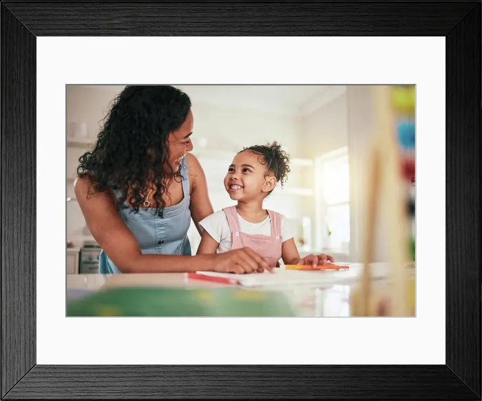 Framed Print : Education, home school and mother and child happy in a kitchen for homework Framed Print : Education, home school and mother and child happy in a kitchen for homework