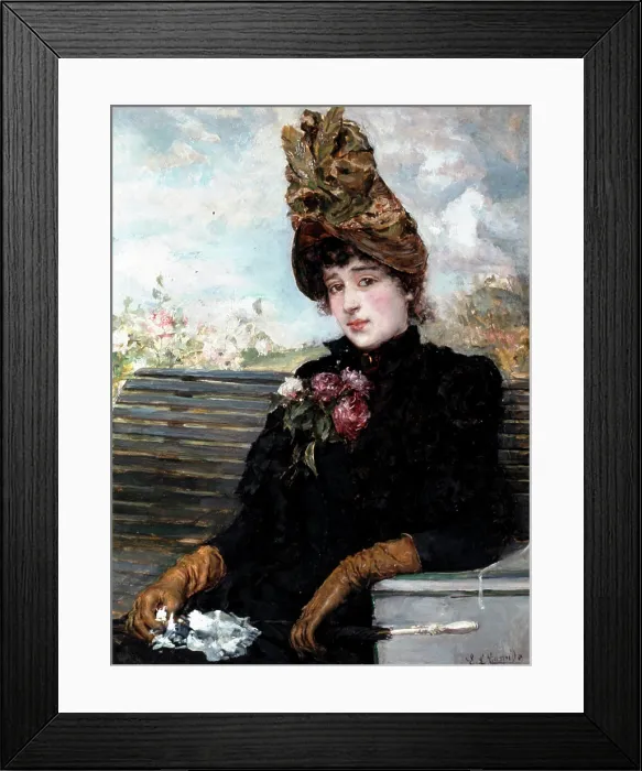 Framed Print : Portrait of women with decorative hat sitting on bench Framed Print : Portrait of women with decorative hat sitting on bench
