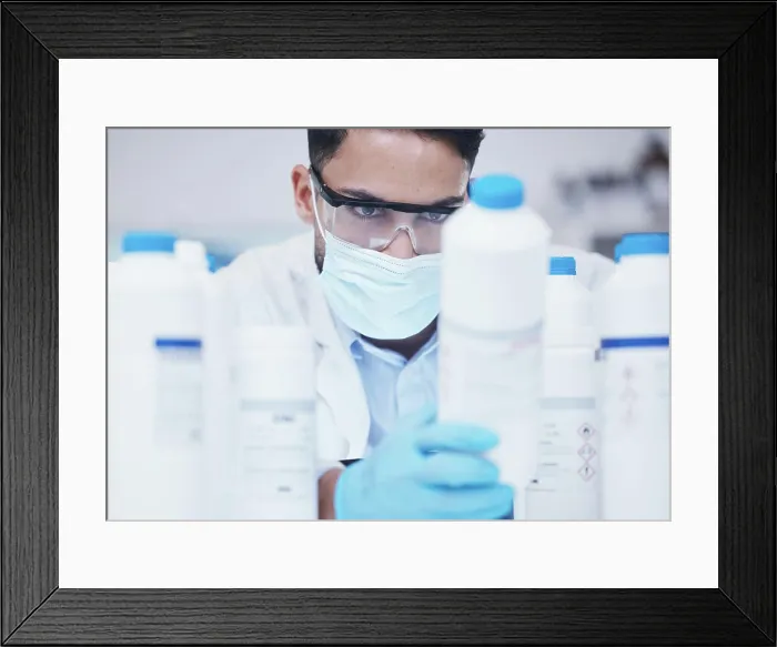 Framed Print : Stock check, chemical bottle and man scientist with mask at pharmaceutical lab working Framed Print : Stock check, chemical bottle and man scientist with mask at pharmaceutical lab working