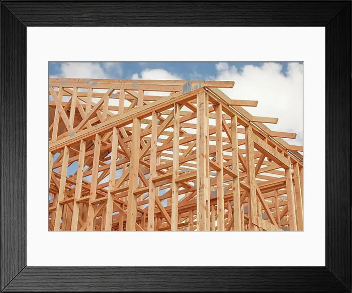 Framed Print : Wood home framing abstract at construction site Framed Print : Wood home framing abstract at construction site