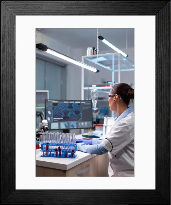 Framed Print : Biochemistry doctor analyzing virus infection developing pharmaceutical treatment Framed Print : Biochemistry doctor analyzing virus infection developing pharmaceutical treatment
