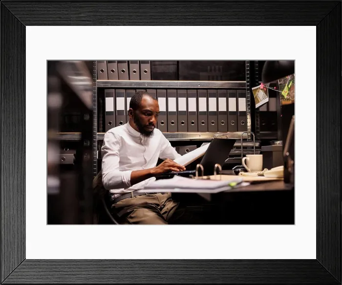 Framed Print : Tired cop sitting at desk surrounded by case files