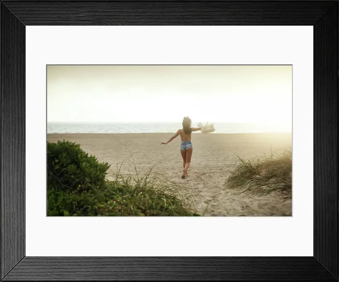 Framed Print : Ocean, woman and running with fun on break for summer holiday