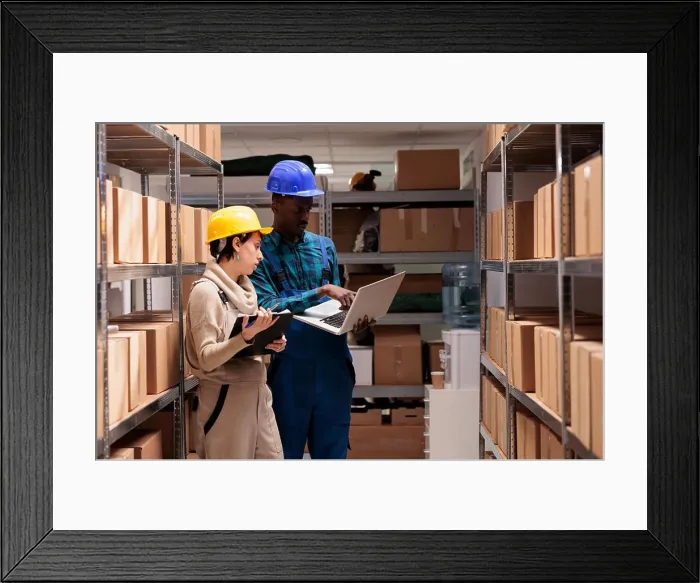 Framed Print : Warehouse supervisors discussing goods inventory, checking report on laptop Framed Print : Warehouse supervisors discussing goods inventory, checking report on laptop