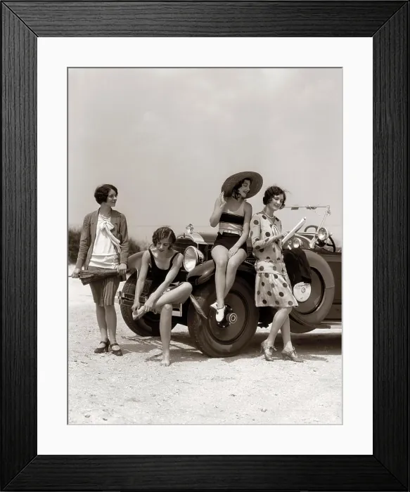 Framed Print : 1920S Group Of Four Women At Shore Gathered Around Convertible Two In Dresses & Two In Bathing Suits Framed Print : 1920S Group Of Four Women At Shore Gathered Around Convertible Two In Dresses & Two In Bathing Suits
