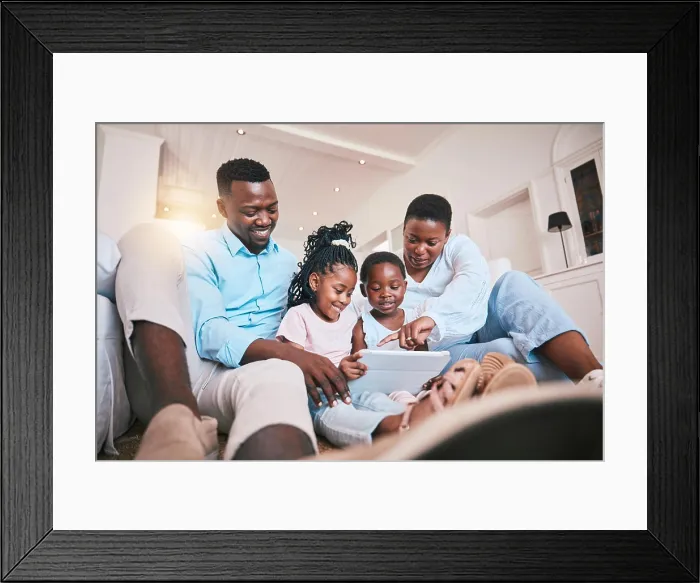 Framed Print : Relax, streaming and tablet with black family in living room for happy Framed Print : Relax, streaming and tablet with black family in living room for happy