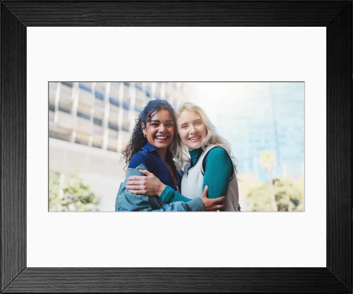 Framed Print : Girls, happy and hug outdoor in urban city with trendy fashion for travel