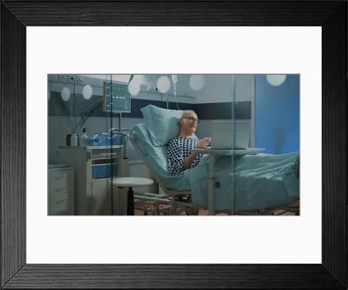 Framed Print : Patient in hospital ward talking on videocall with family Framed Print : Patient in hospital ward talking on videocall with family