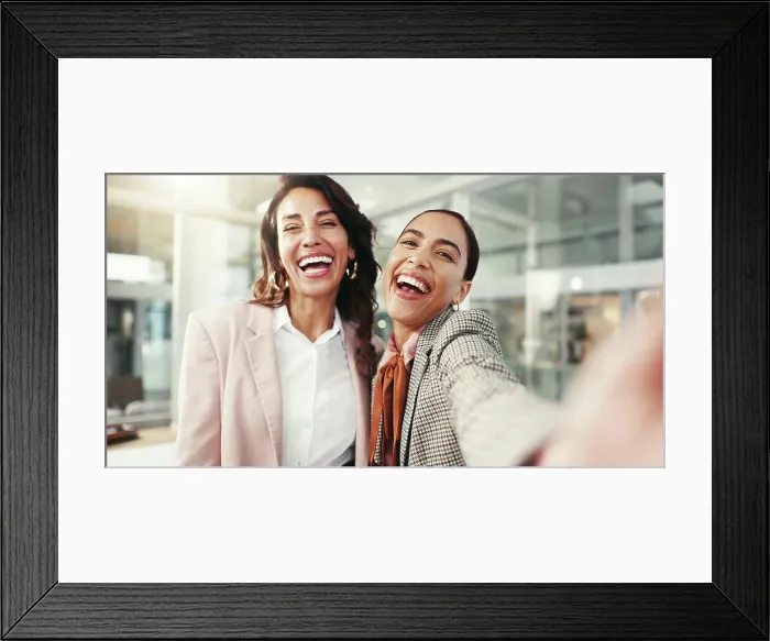 Framed Print : Business, laughing and selfie of women friends in office together for social media profile picture Framed Print : Business, laughing and selfie of women friends in office together for social media profile picture