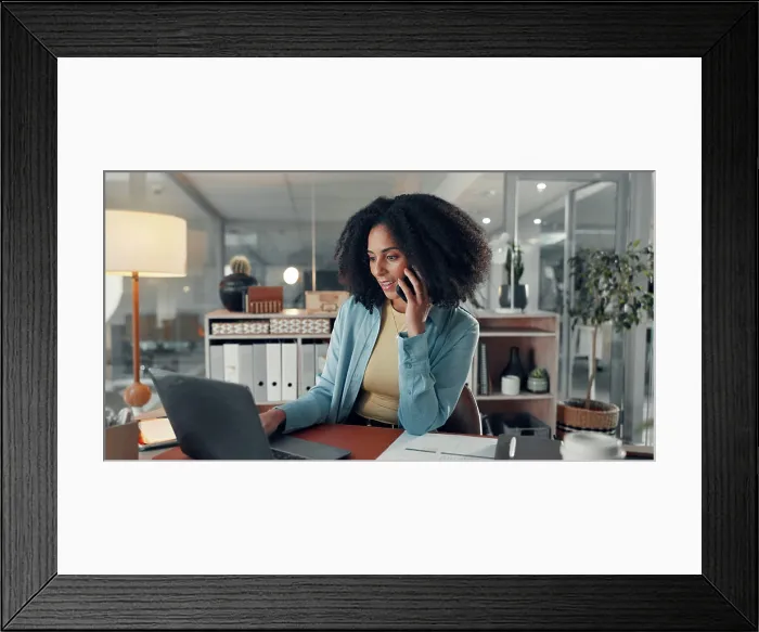 Framed Print : Woman, phone call and happy with laptop at startup with contact