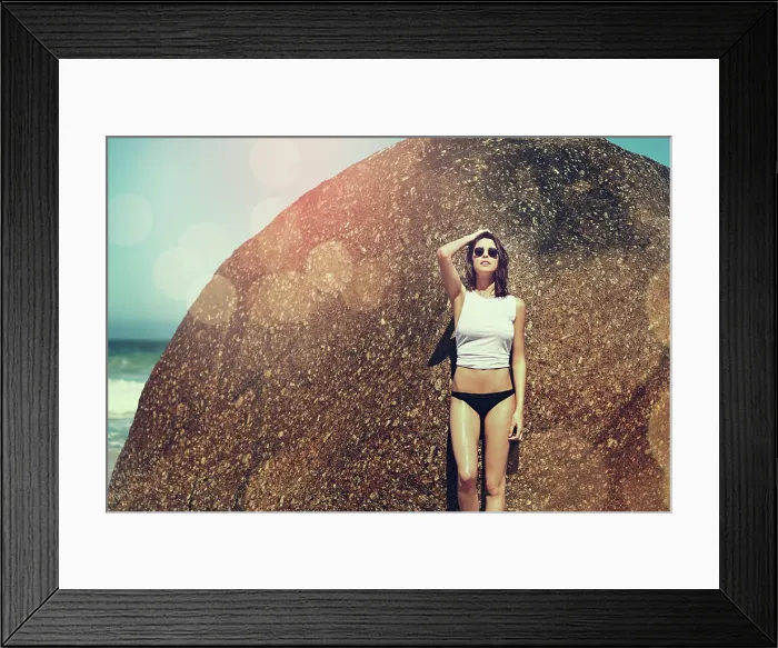 Framed Print : Holiday, confident and woman with sunglasses by rock