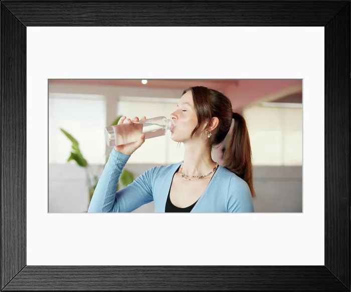 Framed Print : Drinking water, yoga and relax with woman in studio for workout Framed Print : Drinking water, yoga and relax with woman in studio for workout