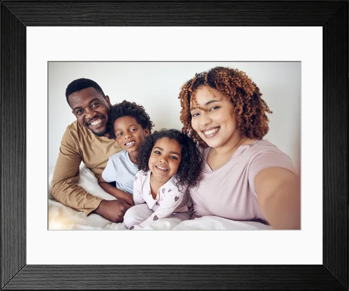 Framed Print : Black family, selfie smile and portrait in home bedroom Framed Print : Black family, selfie smile and portrait in home bedroom