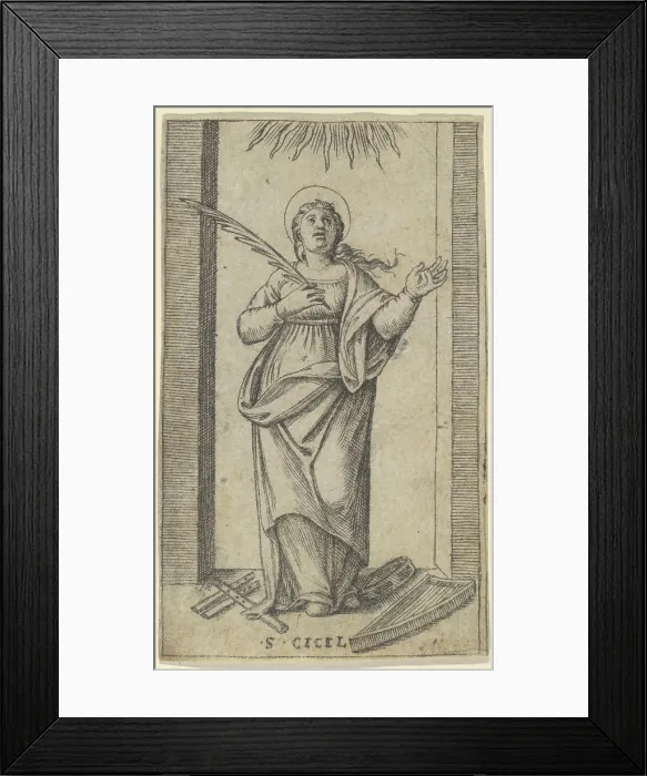 Framed Print : Saint Cecilia standing holding a palm of martyrdom in her right hand Framed Print : Saint Cecilia standing holding a palm of martyrdom in her right hand