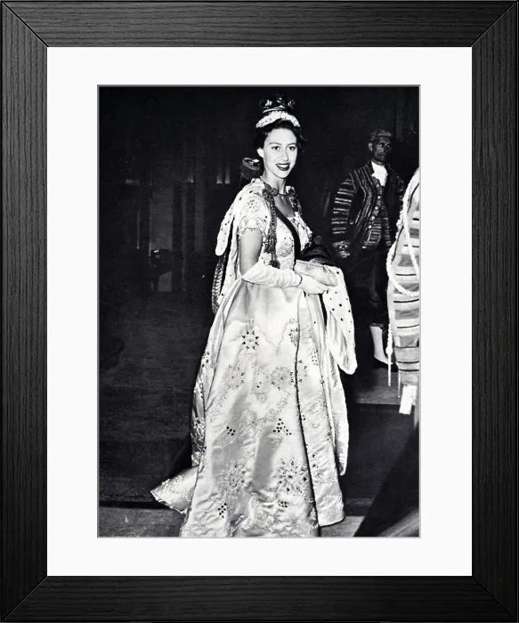 Framed Print : 1953, Princess Margaret in a dress of pure white satin embroidered with silver diamante and pearls Framed Print : 1953, Princess Margaret in a dress of pure white satin embroidered with silver diamante and pearls