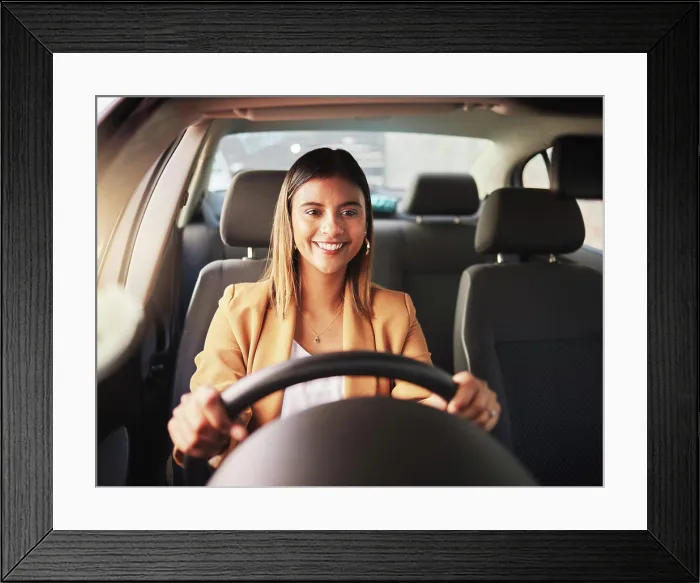 Framed Print : Happy, driving and business woman in car to travel