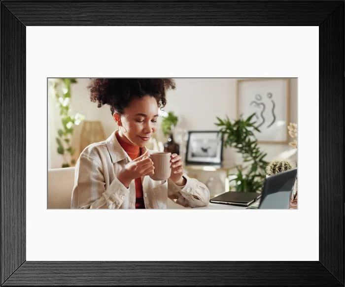Framed Print : Thinking, coffee and woman in home office with laptop Framed Print : Thinking, coffee and woman in home office with laptop