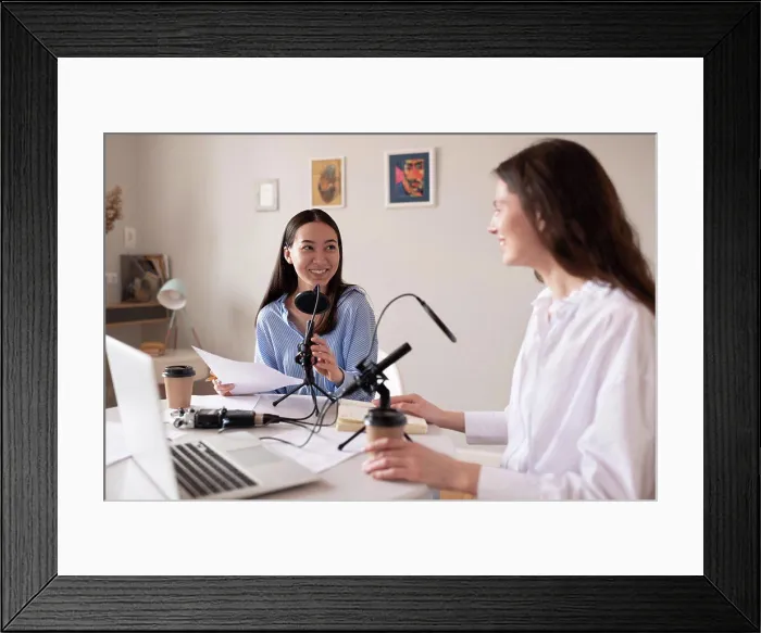 Framed Print : Multiracial women recording podcast in studio Framed Print : Multiracial women recording podcast in studio