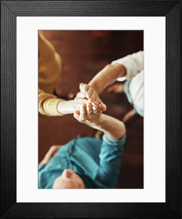 Framed Print : Business people, hands together and high five with team above for unity