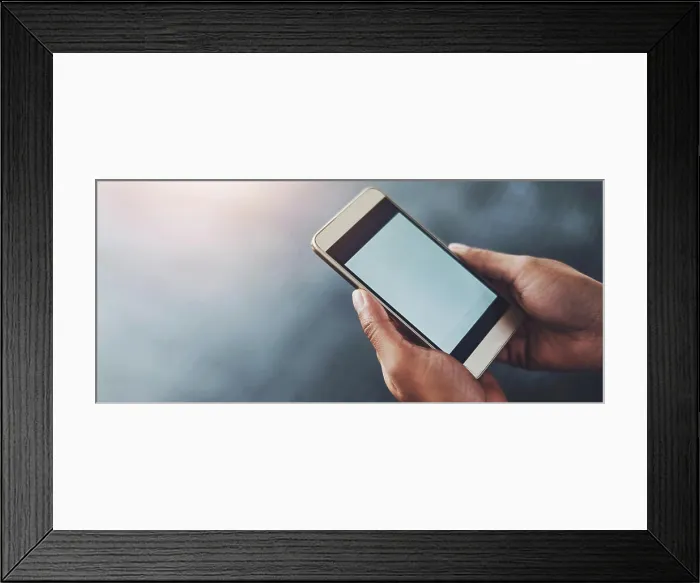 Framed Print : Phone screen, hands and mockup space in gym for fitness app