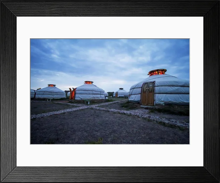Framed Print : Mongolian Gers (yurts) tourist accommodation at the Ongiin Nuts Ger Camp at dusk Framed Print : Mongolian Gers (yurts) tourist accommodation at the Ongiin Nuts Ger Camp at dusk