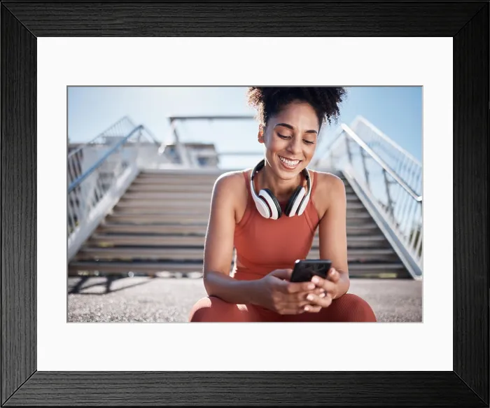 Framed Print : Fitness, phone and black woman in city on break on social media Framed Print : Fitness, phone and black woman in city on break on social media