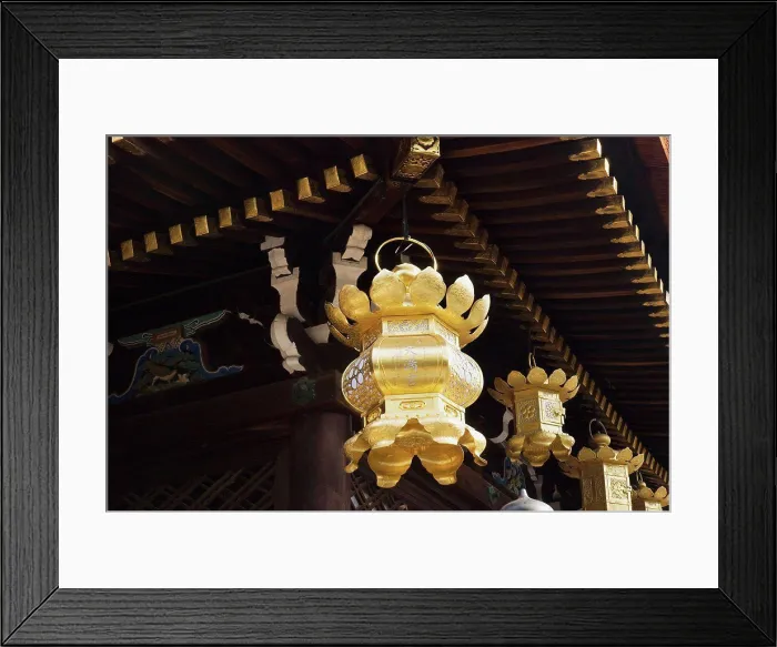 Framed Print : Golden japanese lanterns hanging from a temple roof, kyoto, japan