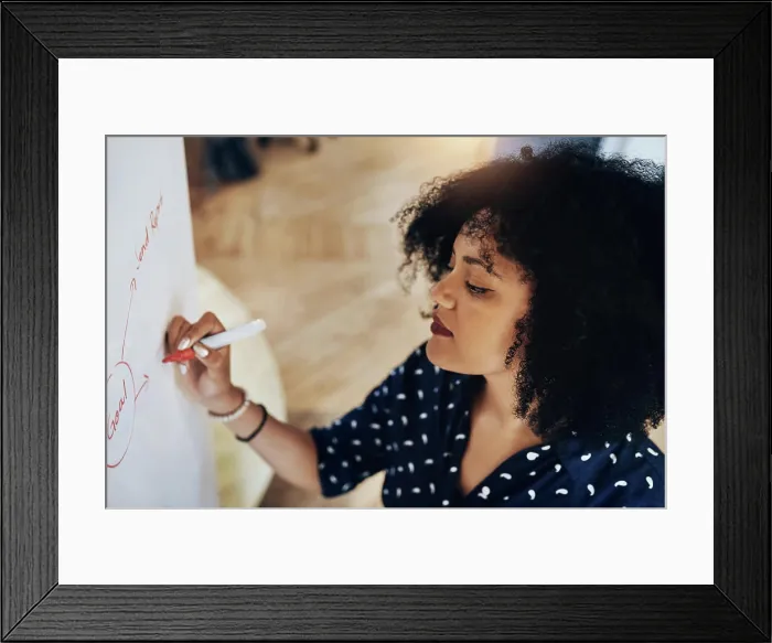 Framed Print : Business, writing and woman with whiteboard