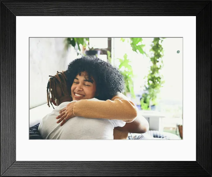 Framed Print : Happy, black couple and relax with hug at house for love Framed Print : Happy, black couple and relax with hug at house for love