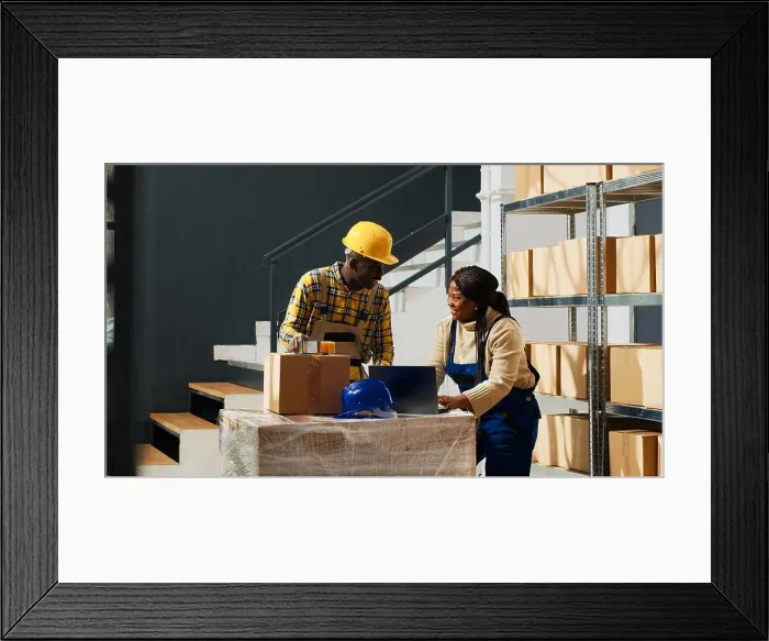 Framed Print : Happy group of employees laughing and checking boxes Framed Print : Happy group of employees laughing and checking boxes