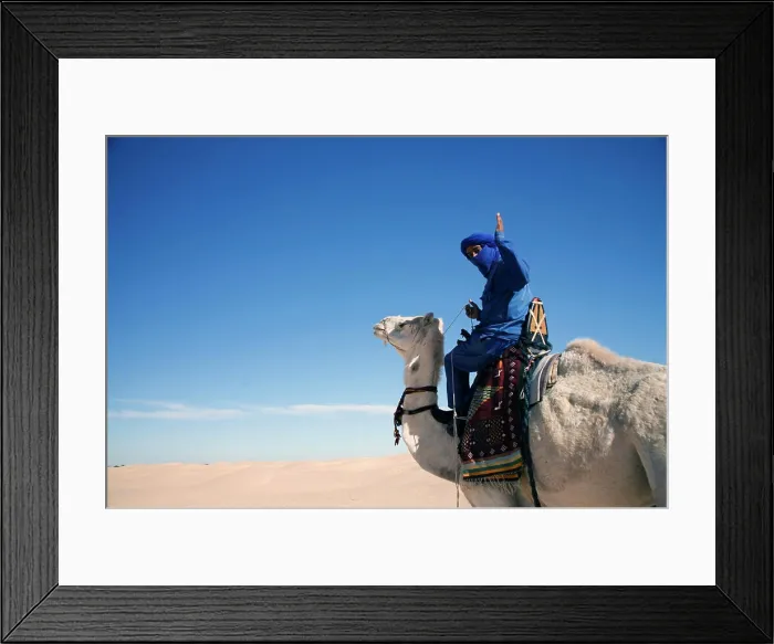 Framed Print : A man wearing a traditional blue robe and headscarf, waves from his white camel Framed Print : A man wearing a traditional blue robe and headscarf, waves from his white camel
