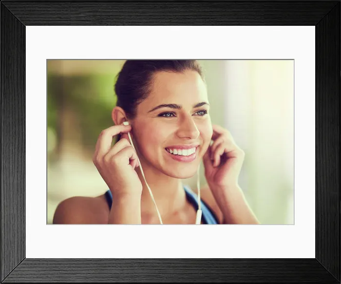 Framed Print : Woman, headphones and hands for fitness in outdoor with music Framed Print : Woman, headphones and hands for fitness in outdoor with music