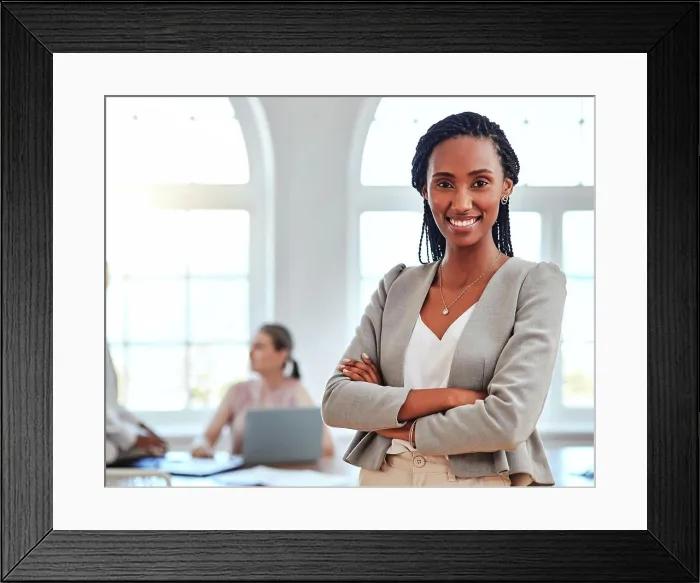 Framed Print : Black woman, entrepreneur and leader stand in office happy Framed Print : Black woman, entrepreneur and leader stand in office happy